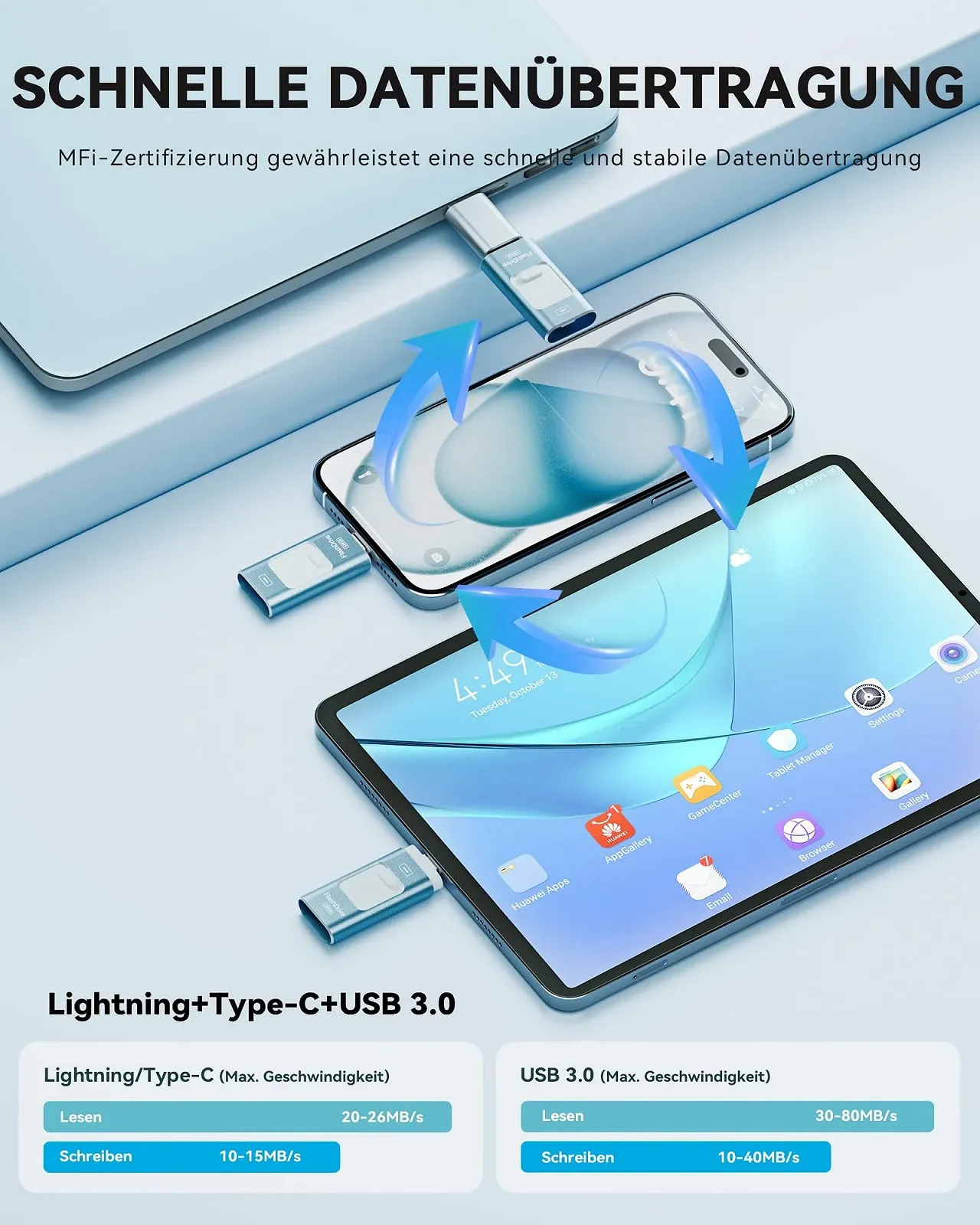 USB-накопичувач ROSPE 3-в-1 MFi Lightning 256ГБ USB 3.0 Попелясто-блакитний, фото №5 USB-накопичувач ROSPE 3-в-1 MFi Lightning 256ГБ USB 3.0 Попелясто-блакитний, фото №5