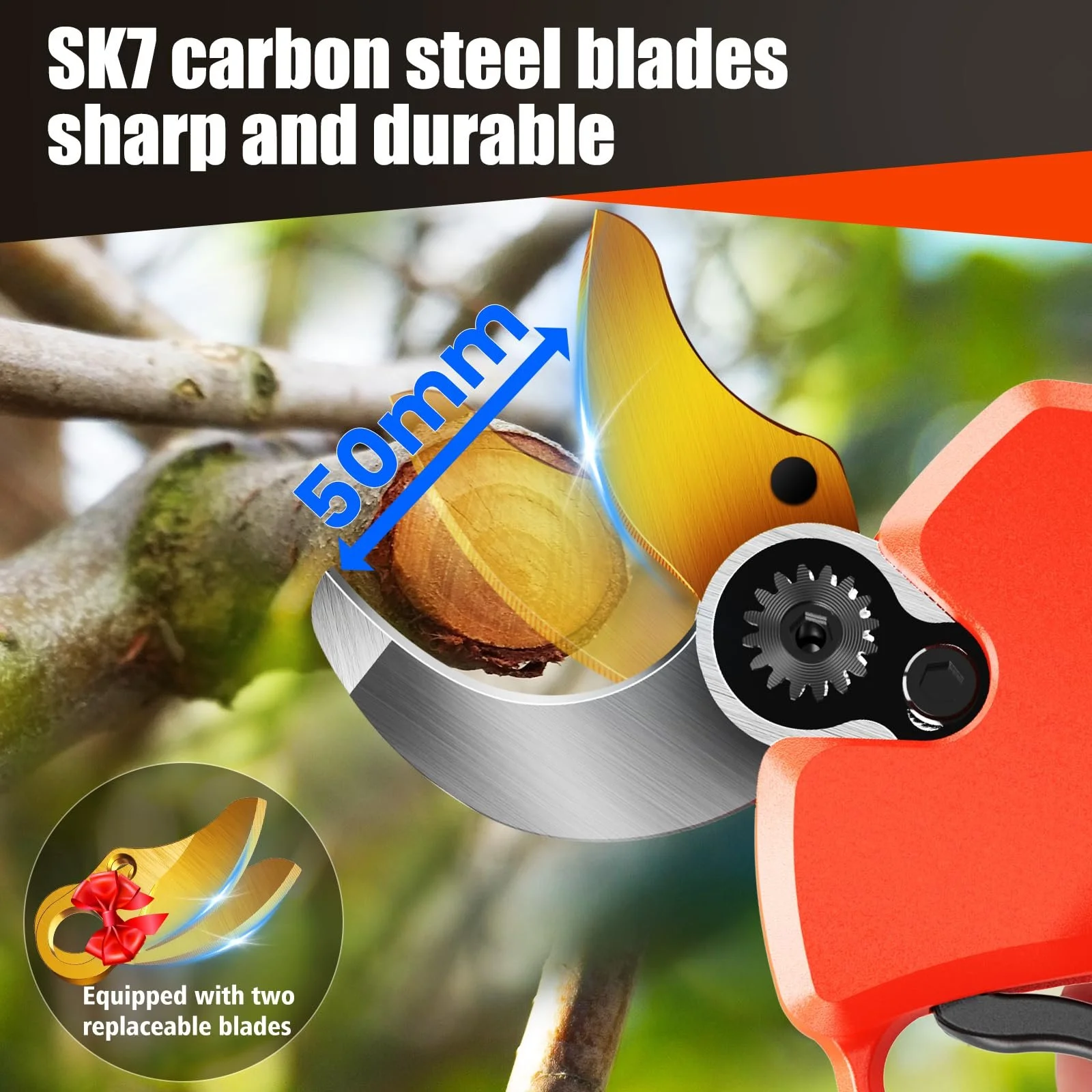 Електричний Секатор 40 мм, Лезо SK7, 2 x 2Ah Літієві Акумулятори 21 V, З Коробкою для Зберігання, фото №4