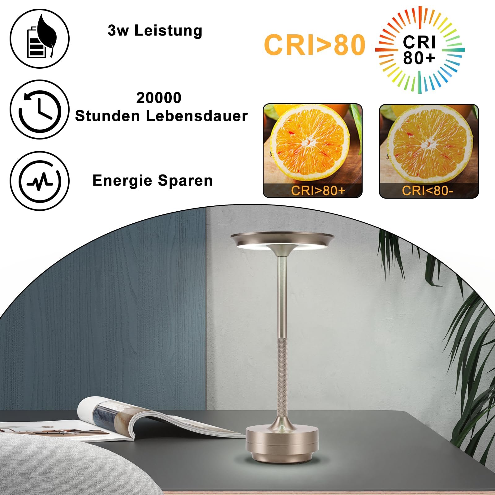 Настільна лампа LED акумуляторна сенсорна USB Нікель Комплект із 2 шт., фото №5