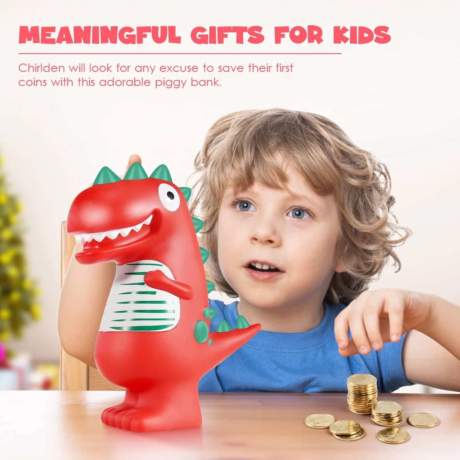 Копилка Динозавр пластиковая красная, фото №5