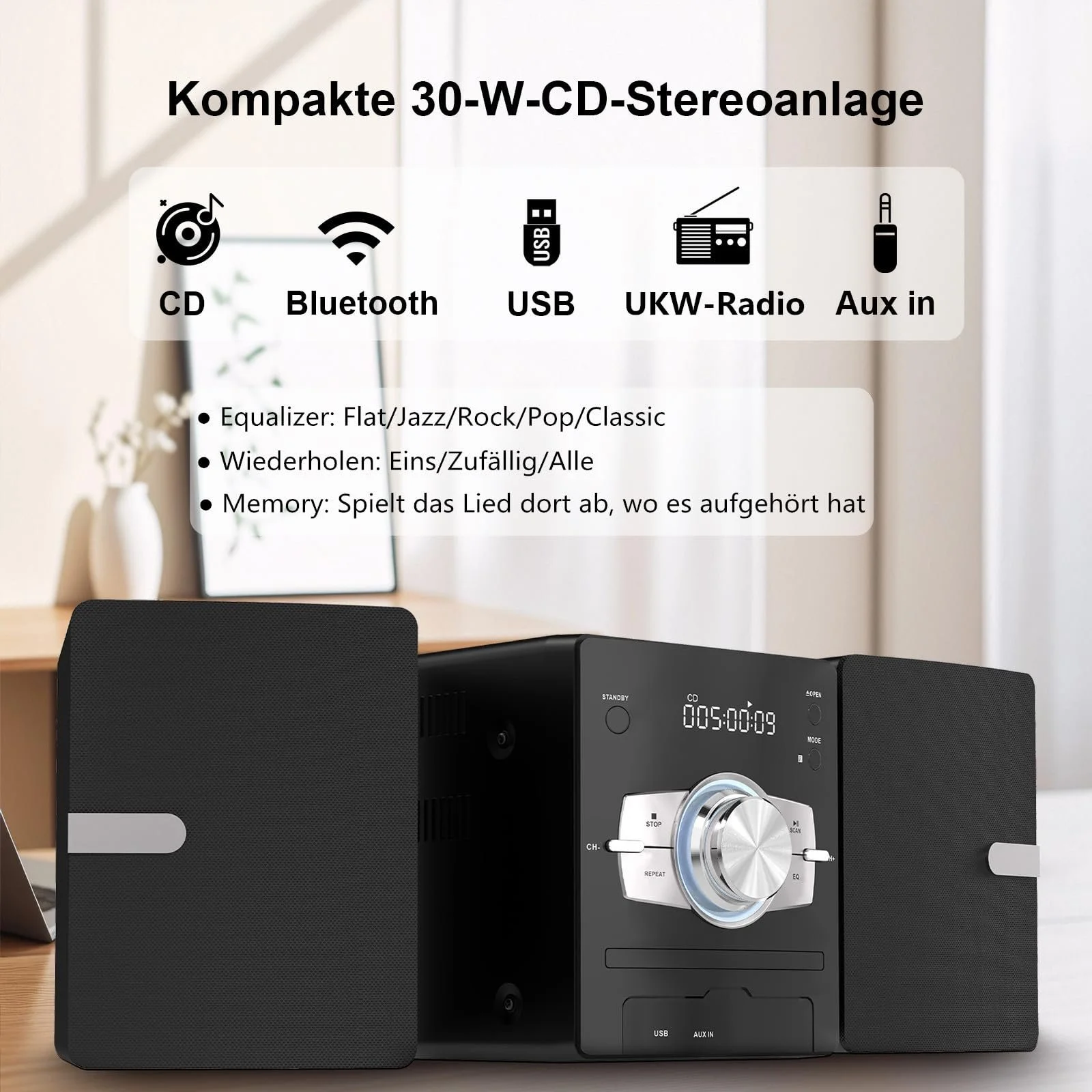 CD-система HANLIM Mini Component 30 Вт RMS CD-проигрыватель FM/Bluetooth Совместимый/USB/AUX/Дистанционное управление/Разъем для наушников, фото №2