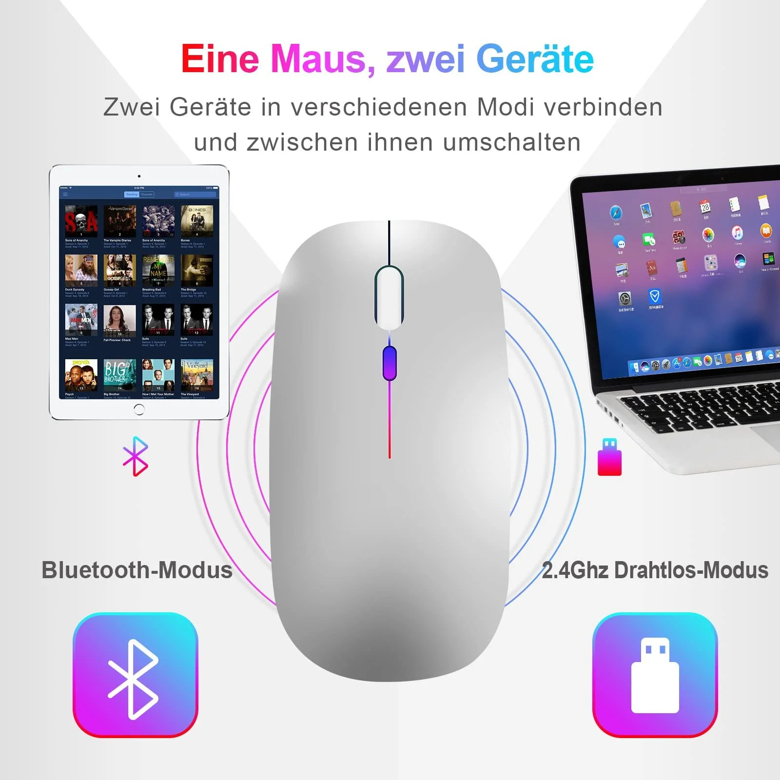 Мышь Bluetooth Беспроводная (Bluetooth 5.1 + USB 2.4 GHz) LED Двухрежимная Перезаряжаемая Оптическая Офисная Беспроводная Мышь для Ноутбука MacBook Air Pro, iPad, ПК, Компьютера, Настольного компьютера, Мышь с Адаптером USB C, фото №3 Мышь Bluetooth Беспроводная (Bluetooth 5.1 + USB 2.4 GHz) LED Двухрежимная Перезаряжаемая Оптическая Офисная Беспроводная Мышь для Ноутбука MacBook Air Pro, iPad, ПК, Компьютера, Настольного компьютера, Мышь с Адаптером USB C, фото №3