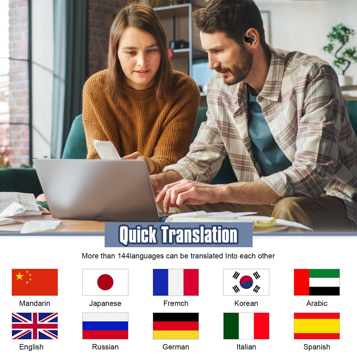 Навушники-перекладачі Smart Language, AI Translate, в реальному часі, бездротовізі стереозвуком, ремінець на липучці для чоловіків, чорний, M, фото №5