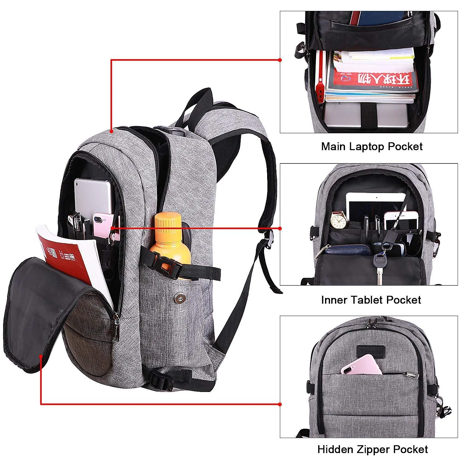 Рюкзак для ноутбука Tzowla 15,6-17,3 дюймов USB с замком, фото №4 Рюкзак для ноутбука Tzowla 15,6-17,3 дюймов USB с замком, фото №4