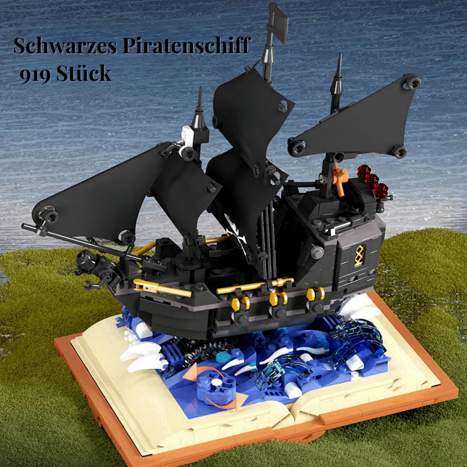 Черный пиратский корабль из блоков Magic Book Pirate Ship, темная миражная модель, 919 деталей, фото №2