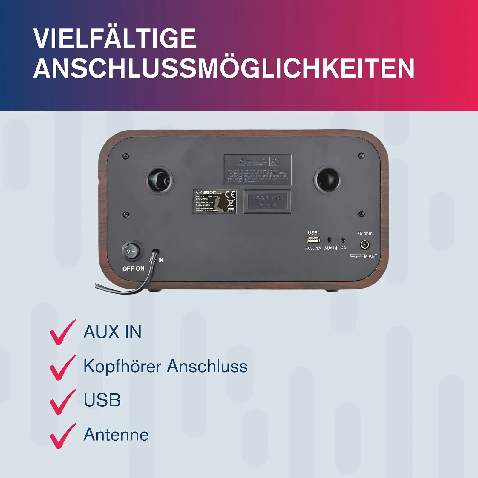 Цифровое радио DAB+ Albrecht DR790CD, 27790, многофункциональное, включая CD-проигрыватель и Bluetooth, темно-коричневый деревянный корпус, фото №7