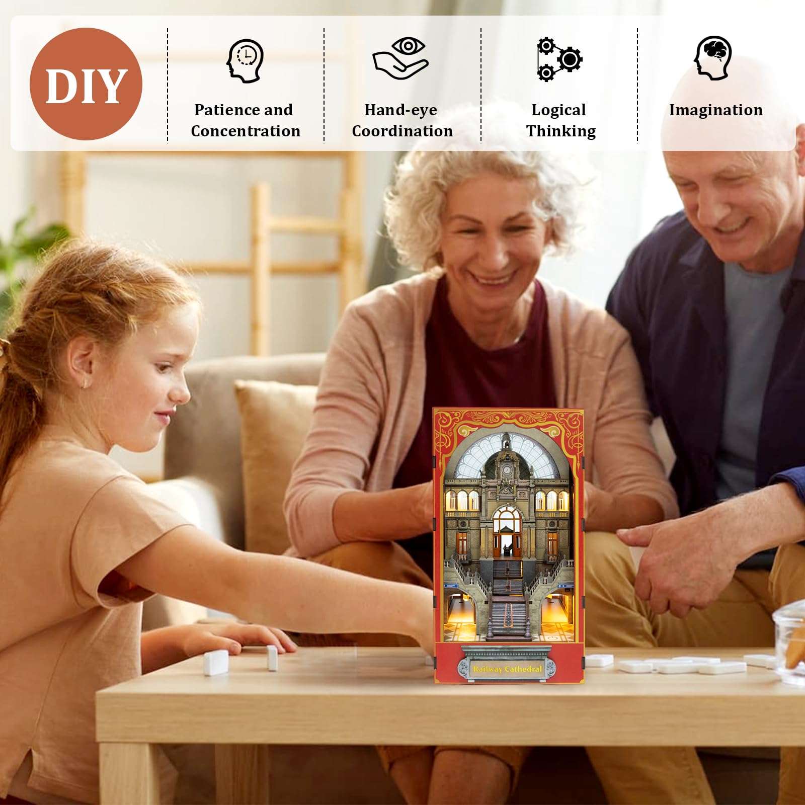 Конструктор DIY Book Nook Railway Cathedral з LED-освітленням дерев'яний ляльковий будиночок 3D дерев'яні пазли для дорослих, фото №5