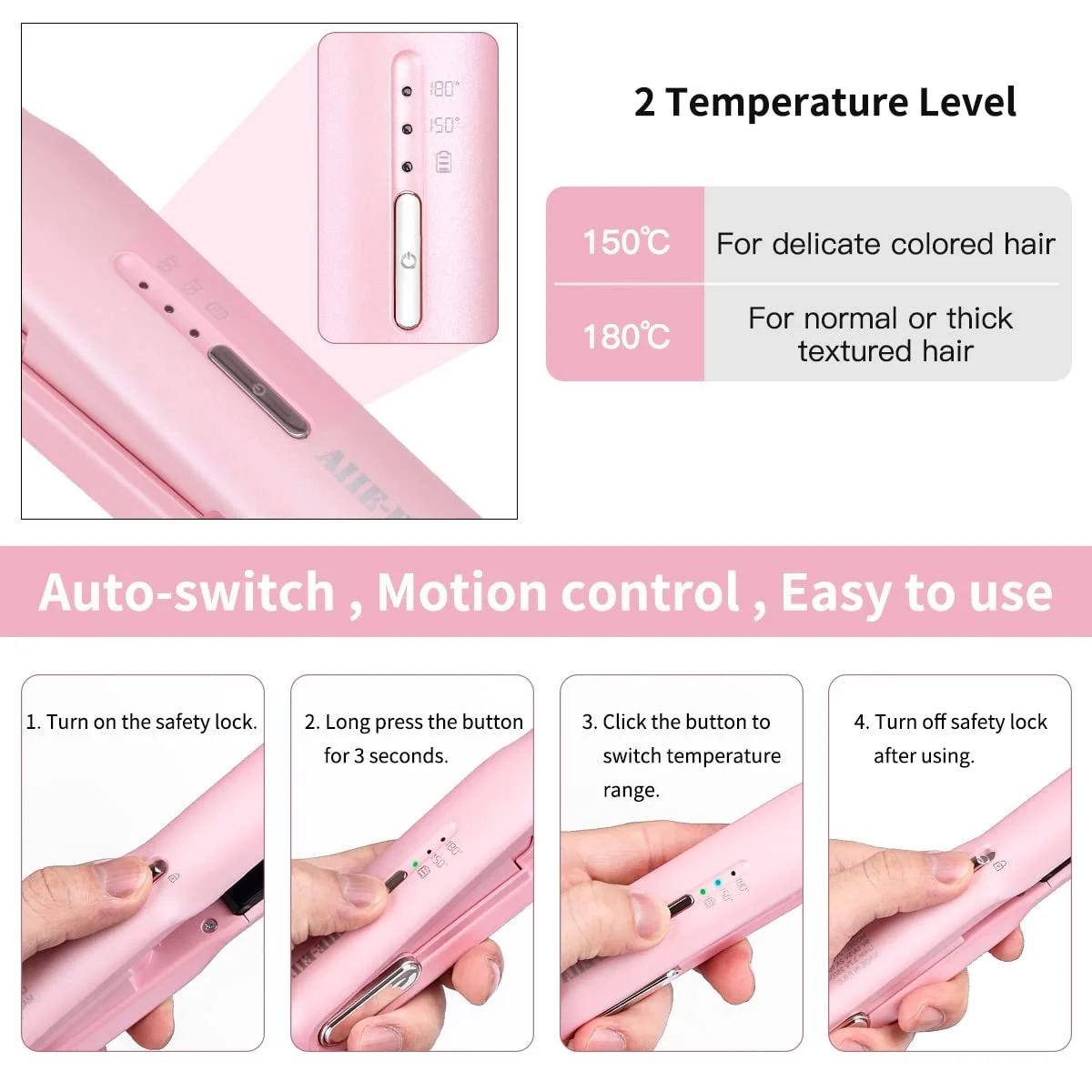 Випрямляч та стайлер для волосся 2 в 1 Mini USB-C Wireless 2 температурні режими Рожевий, фото №6 Випрямляч та стайлер для волосся 2 в 1 Mini USB-C Wireless 2 температурні режими Рожевий, фото №6