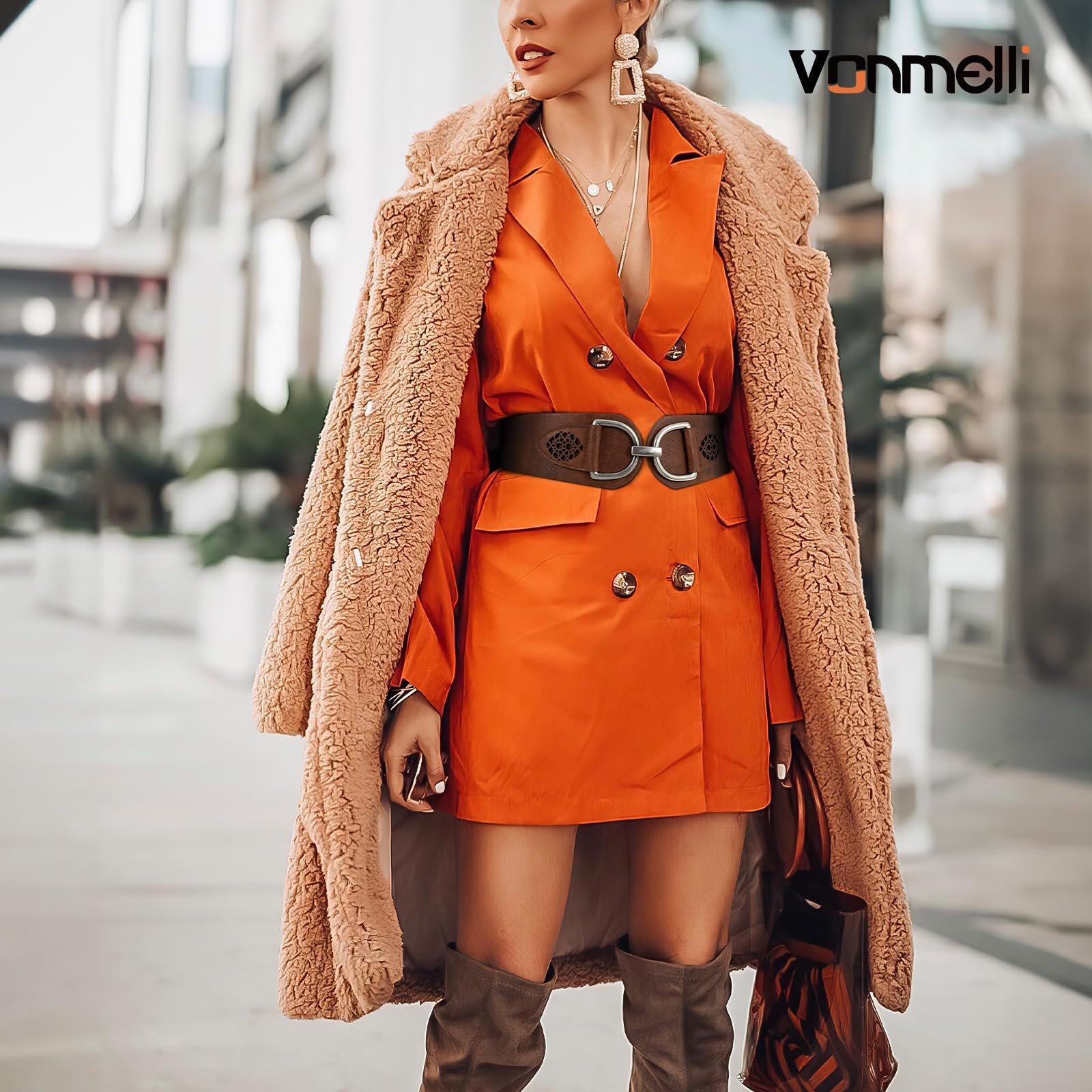 Винтажный пояс VONMELLI для женщин, эластичный широкий пояс с толстой пряжкой для платьев и пальто, фото №3