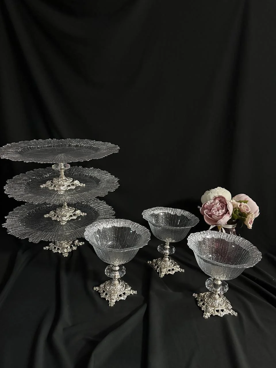 Креманка Крижане скло на срібній ніжці, фото №1