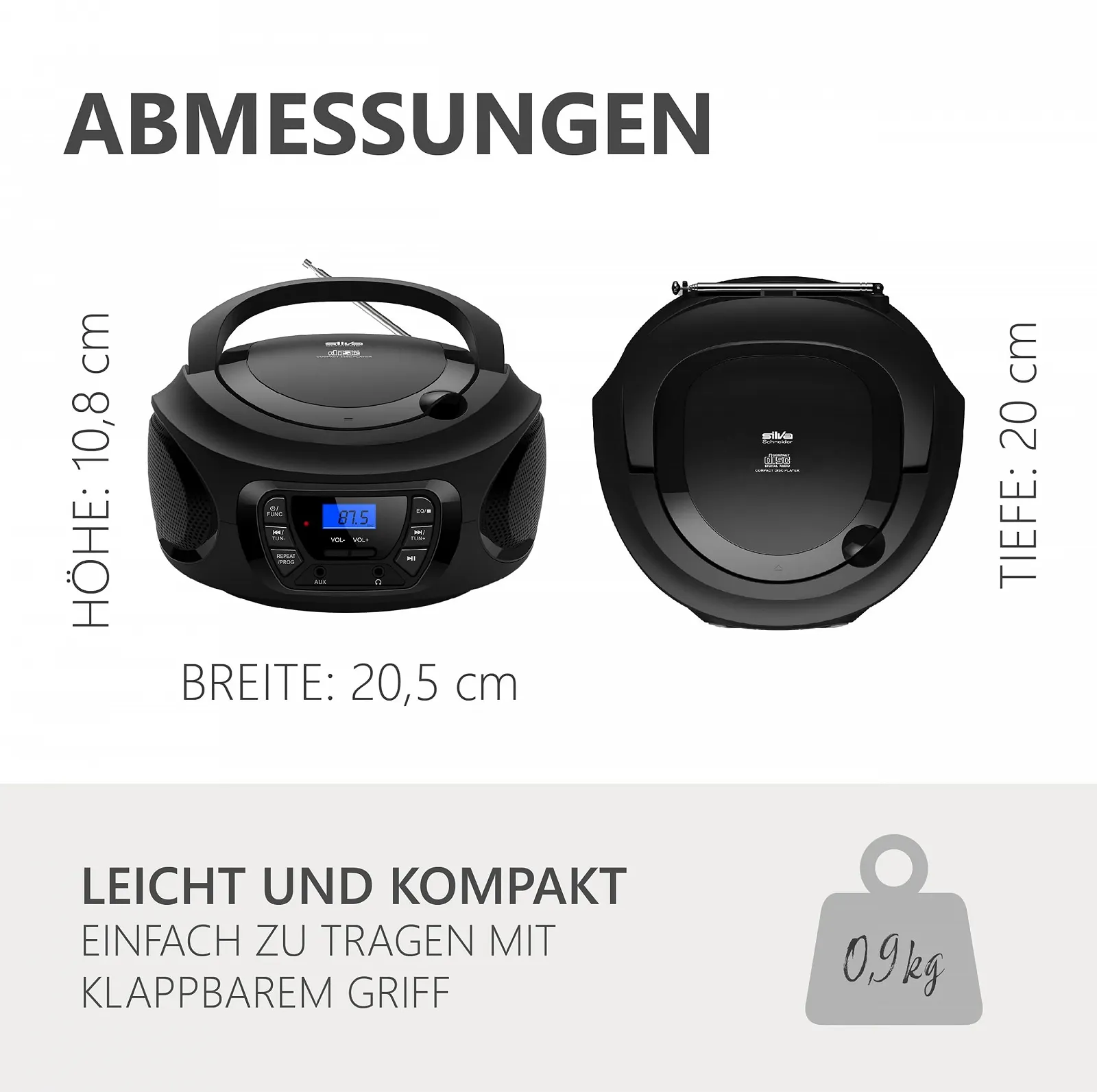 Магнітола CD-програвач Silva Schneider PCD 25.1 з FM PLL радіо, РК-дисплеєм, пам'яттю на 30 станцій, AUX-In та роз'ємом для навушників, живлення від мережі/акумулятора Чорний, фото №8