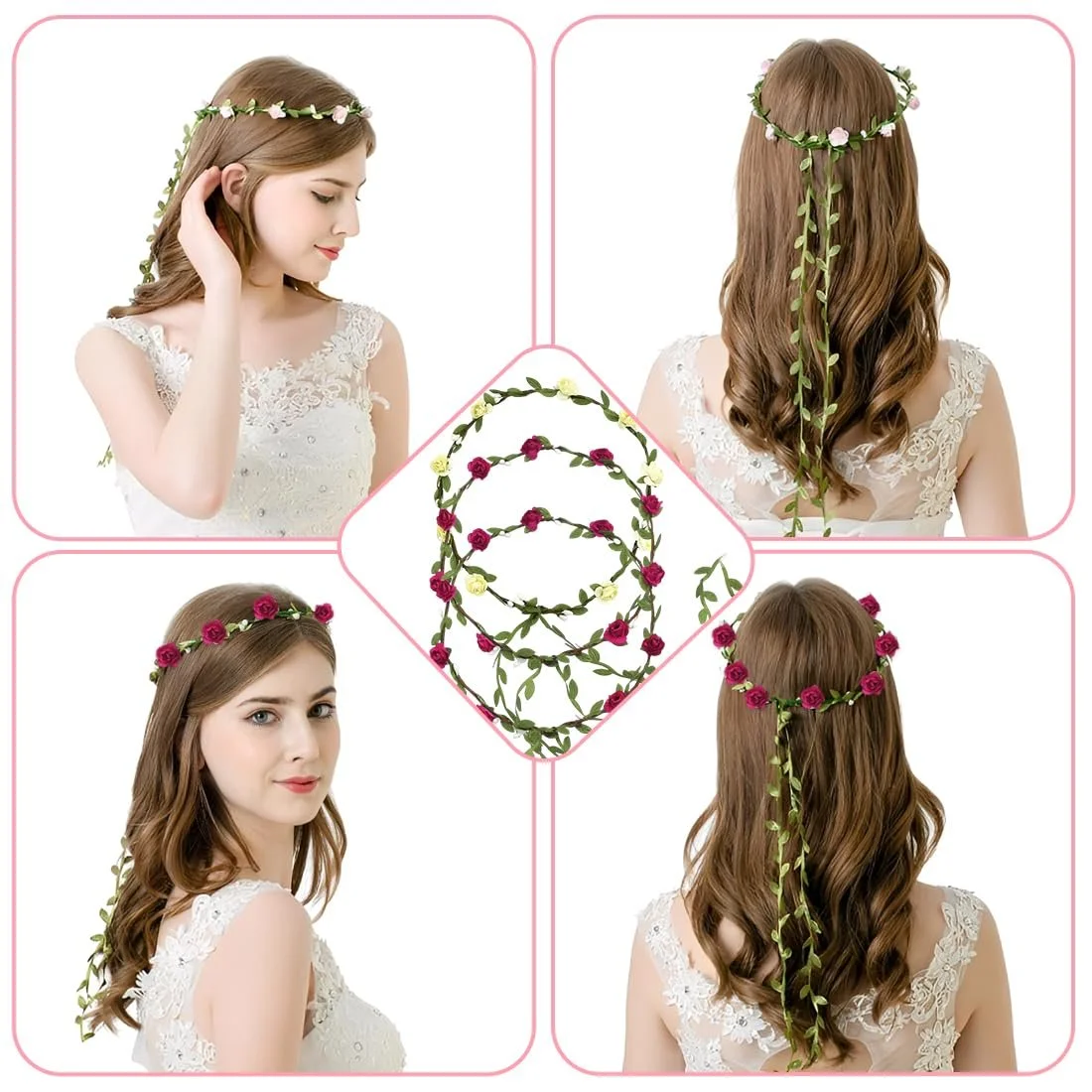 Вінок на голову у богемному стилі з квітами та листям, 6 штук, фото №3