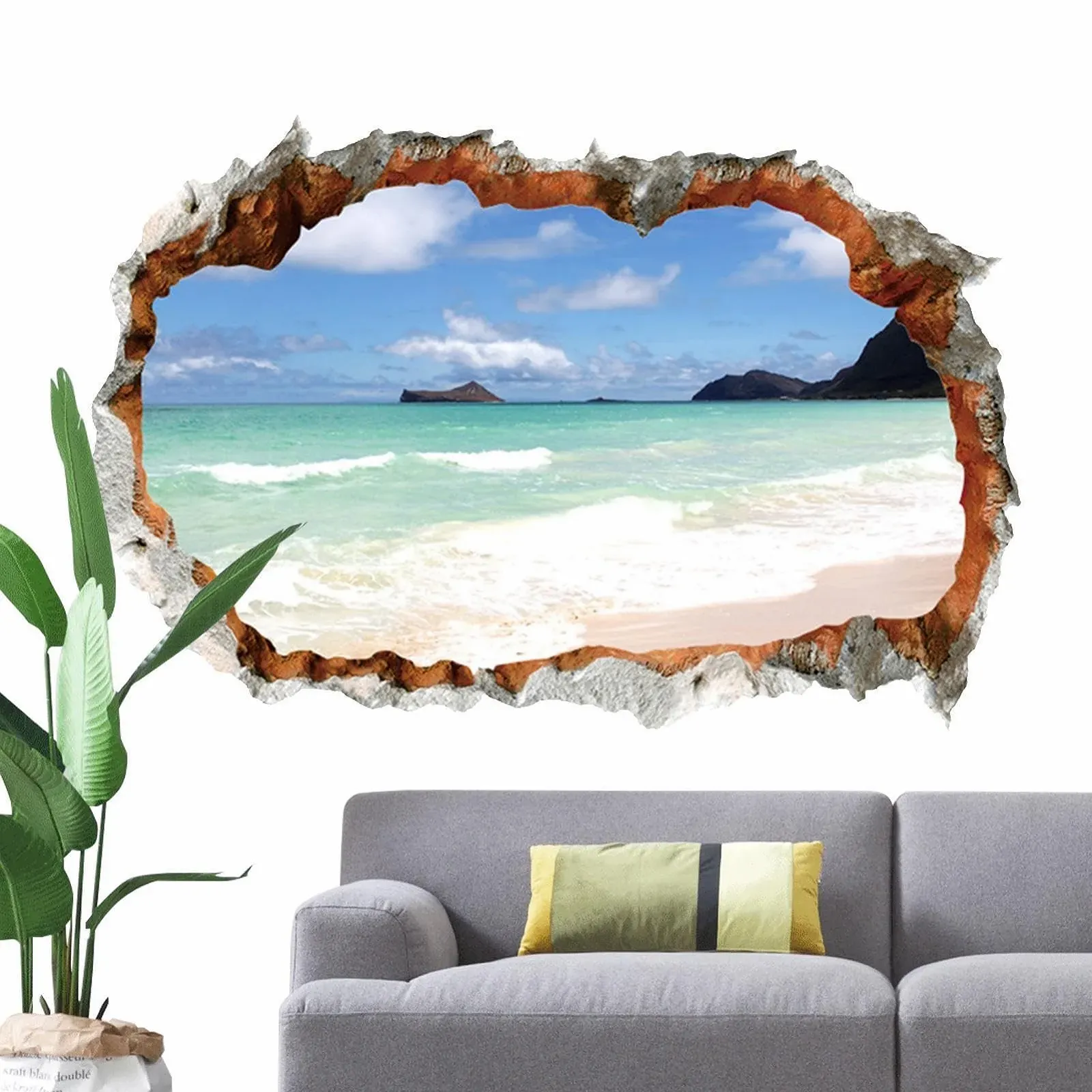 Наклейка на стіну Пляжна сцена 3D ефект розбитої стіни для спальні, фото №9