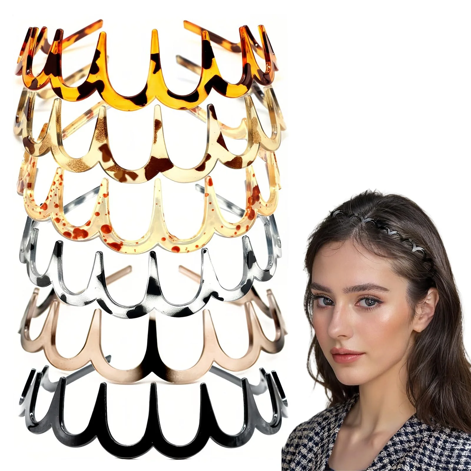 Обруч для волосся Zigzag, 6 шт, пластик, хвилястий, фото №1