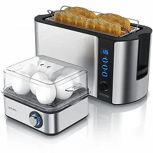 Тостер Arendo FRUKOST Набір з яйцеваркою EIGHTCOOK Нержавіюча сталь Срібний на 4 скибочки Світлодіодний дисплей 6 рівнів підсмажування - Фото 1