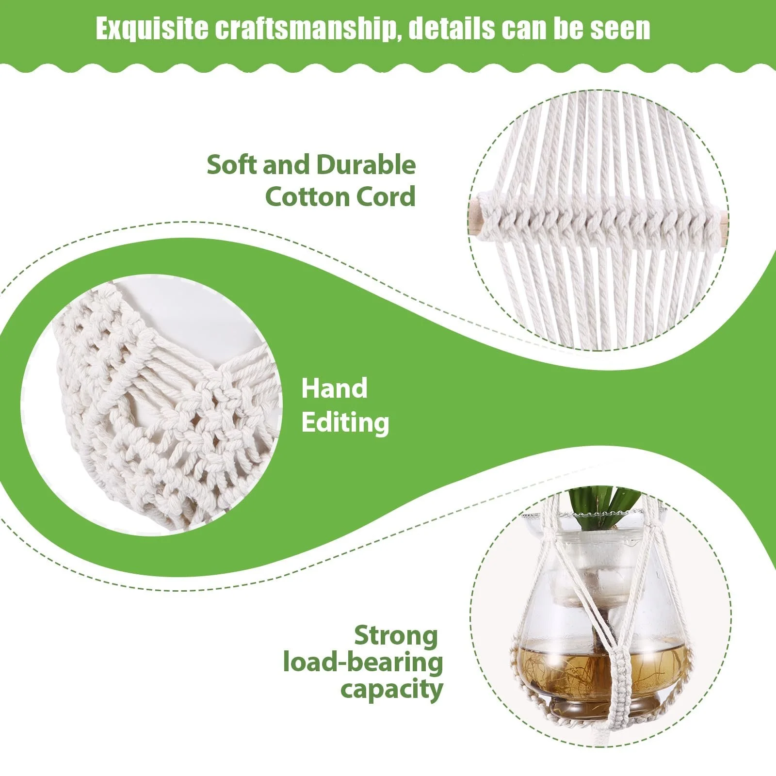 Набор подвесных корзин 4 шт. плетеных из хлопковой веревки в стиле бохо с крючками, фото №5