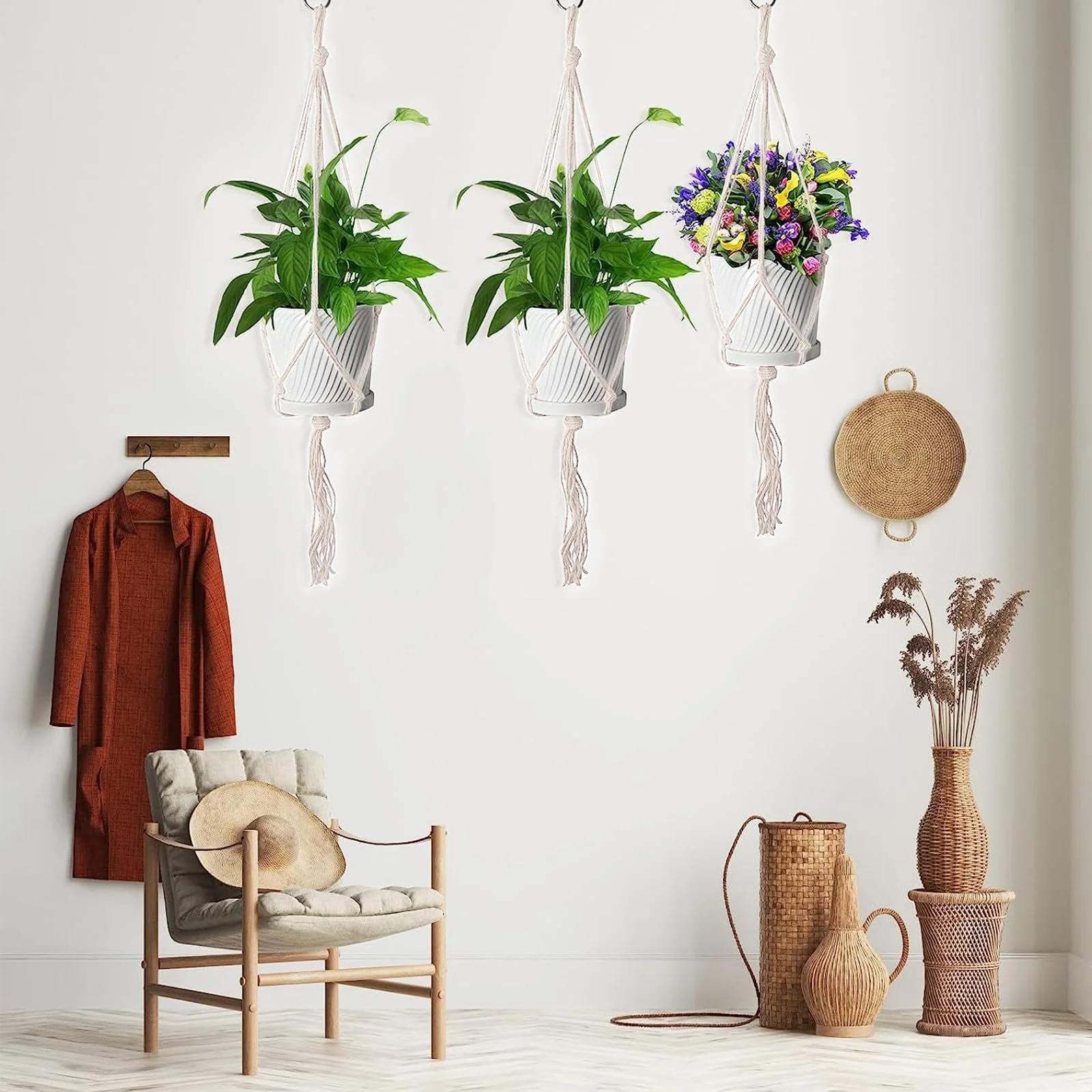 Подвесные корзины макраме Набор 4 шт Хлопковая веревка Бохо-стиль, фото №4