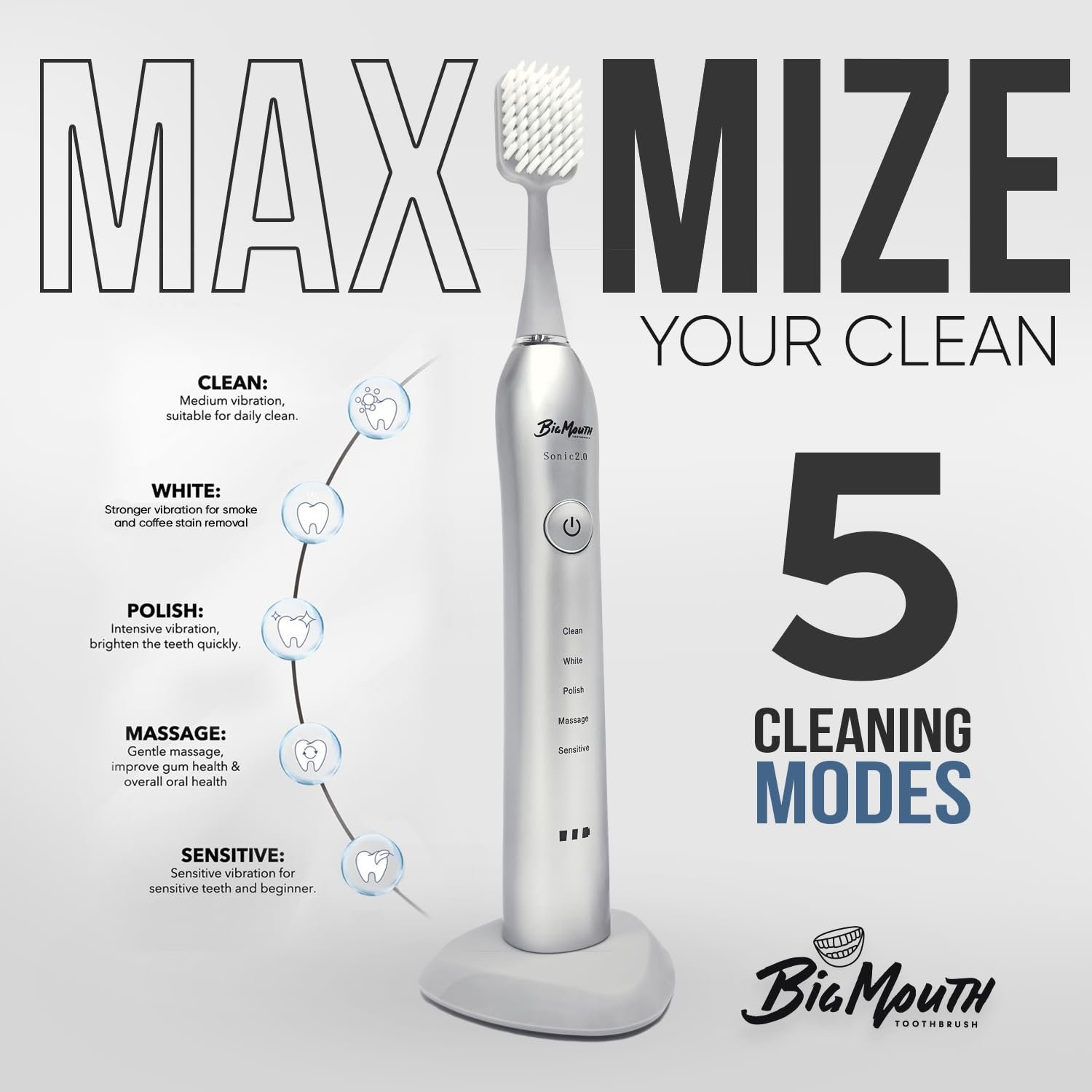 Електрична звукова зубна щітка BIG MOUTH 2.0 Sonic Platinum (запатентована), фото №3
