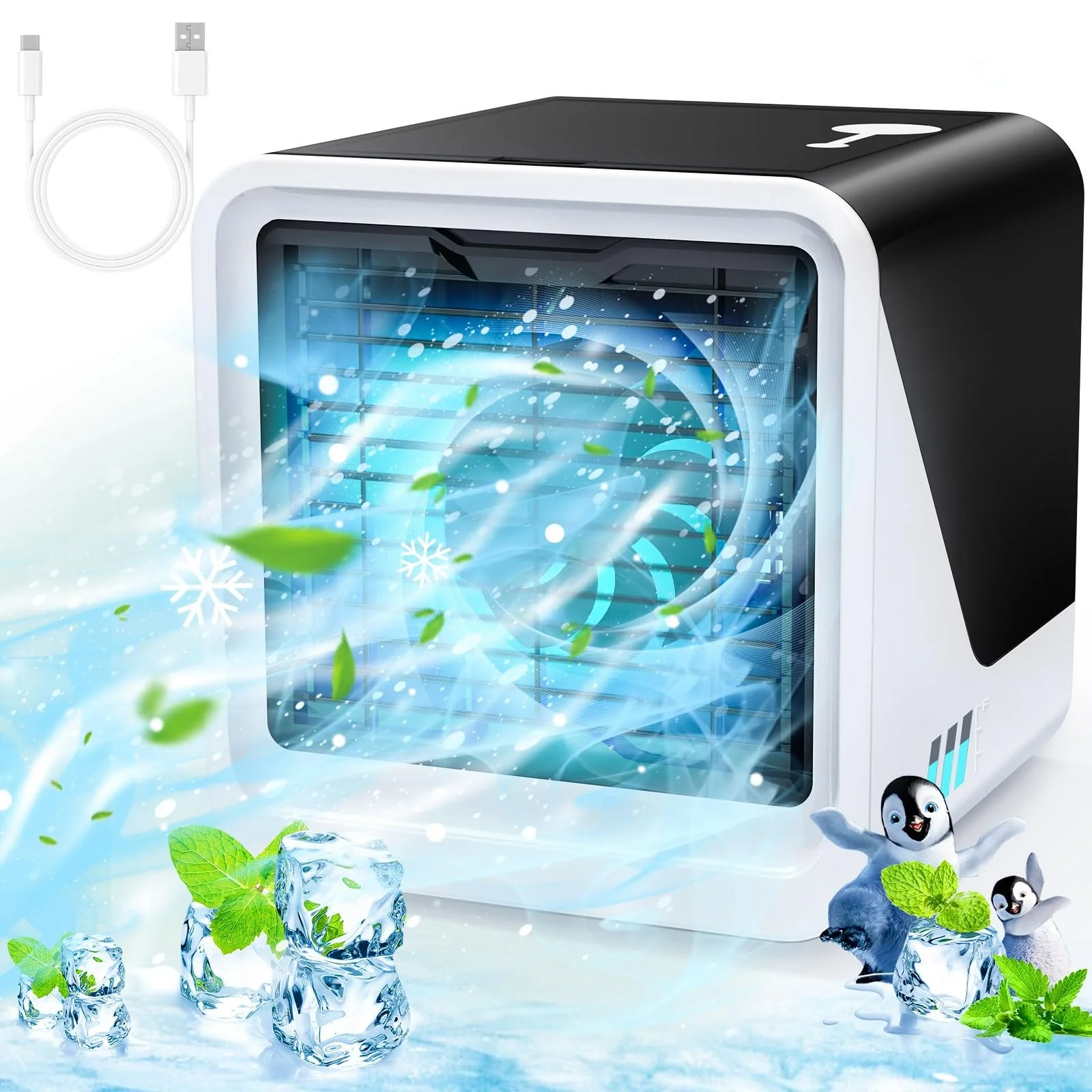 Мобільний кондиціонер Type-C 500 мл 3 швидкості 7 кольорів Нічне підсвічування Без витяжного шланга, фото №1