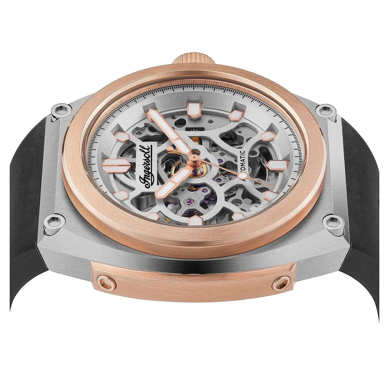 Мужские автоматические часы Ingersoll The Motion 48 мм, скелетовидный циферблат, кожаный ремешок Horween, серебристо-розово-черный, лента, фото №8 Мужские автоматические часы Ingersoll The Motion 48 мм, скелетовидный циферблат, кожаный ремешок Horween, серебристо-розово-черный, лента, фото №8