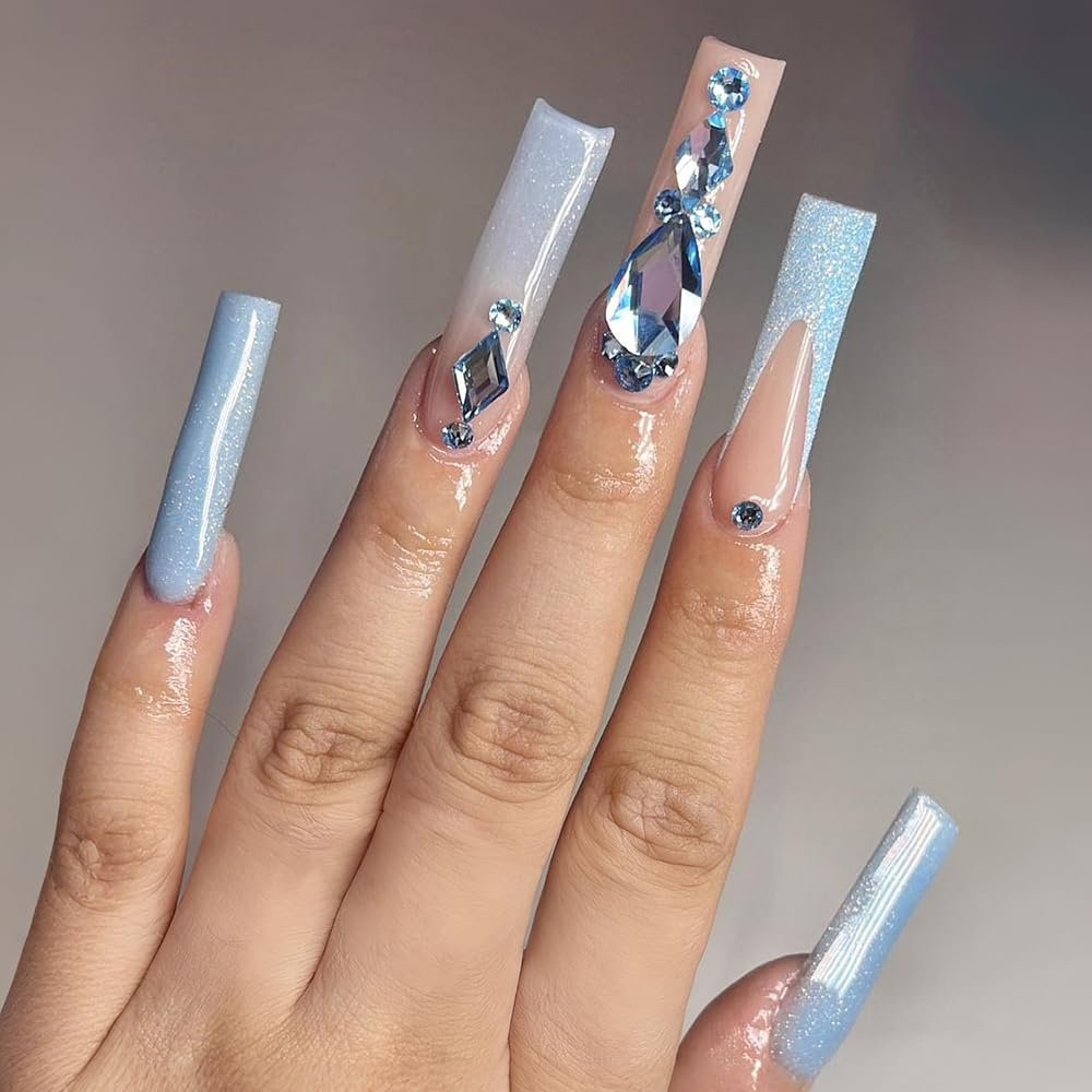 Набір для нігтів зі стразами світло-блакитного кольору, 3D, плоска задня частина, блискучі камінці, круглі намистини, різні форми, фото №7
