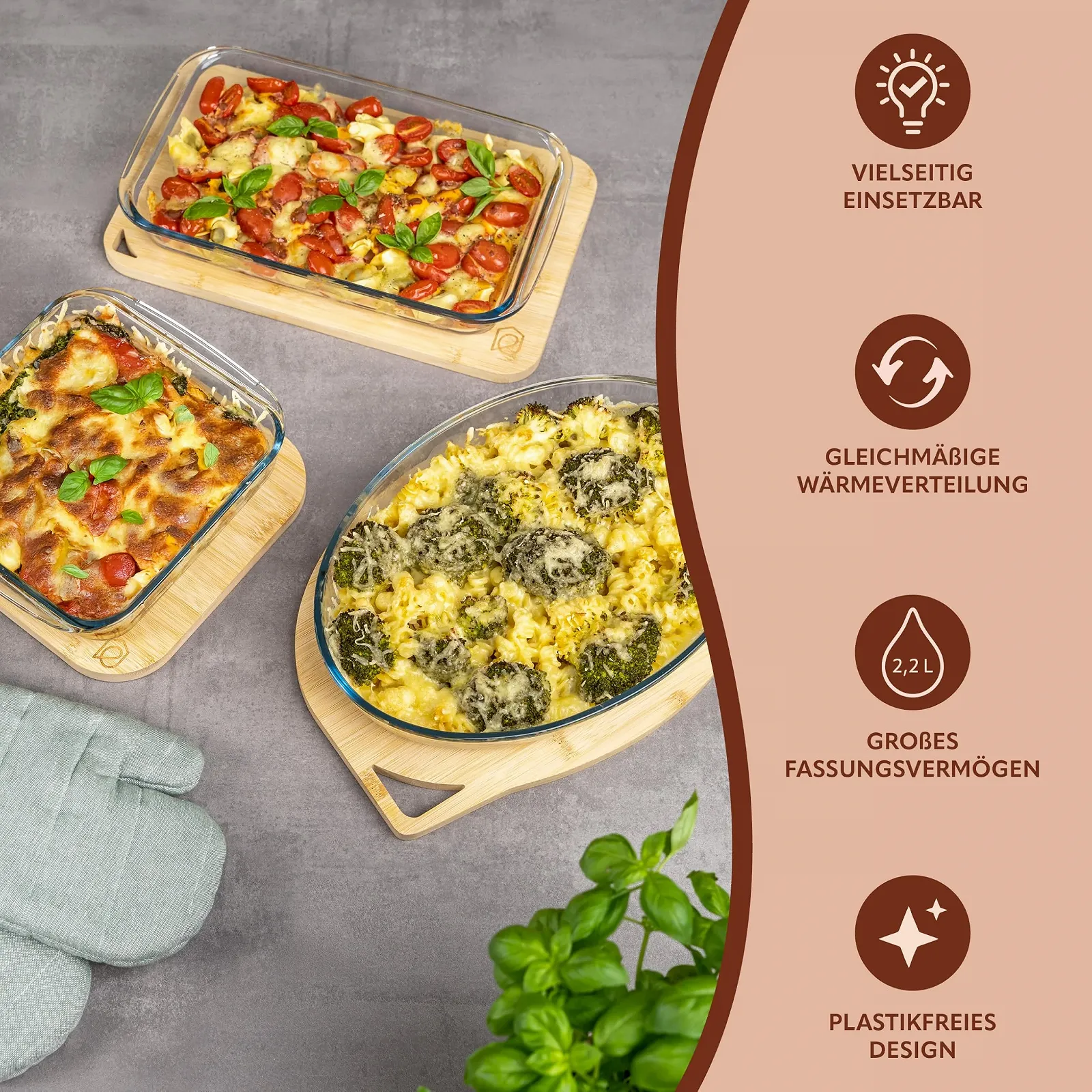 Форма для запекания eluno 2,2 л стеклянная с бамбуковой крышкой прямоугольная, фото №6