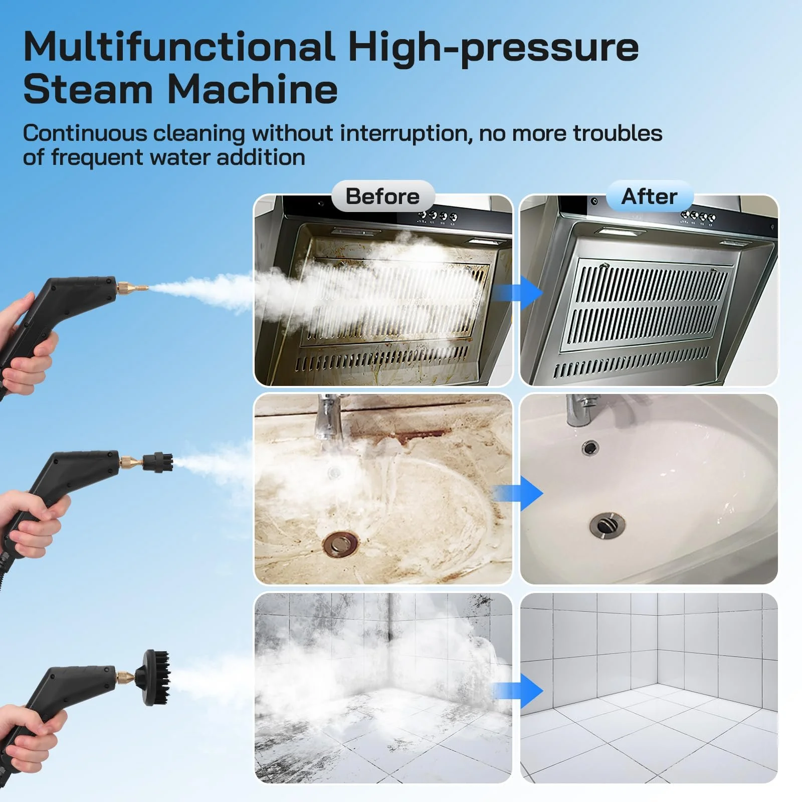 Пароочисник ручний 1500 Вт 1200 мл 3.0 бар з 7 аксесуарами, фото №6
