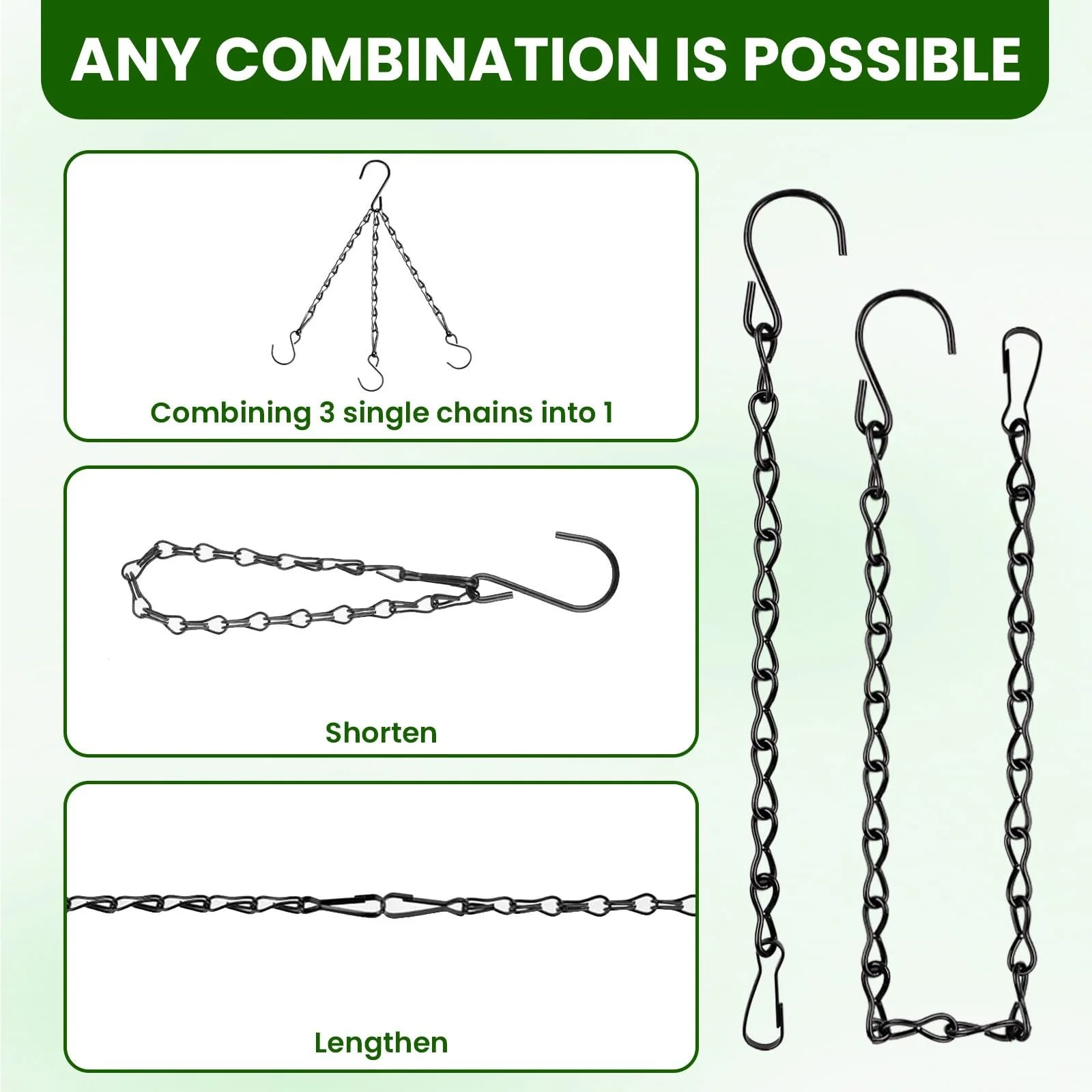 Подвесные цепи для корзин и вазонов с S-образными крючками и карабинами металлические 5 шт Черные, фото №5