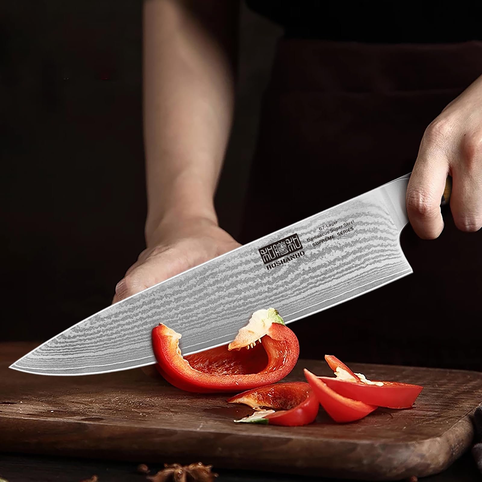 Набір ножів кухонних HOSHANHO Damask, 7 предметів, японська сталь VG-10 Super Steel, дамаська сталь, з ергономічною ручкою, у дерев'яному блоці та з точилкою, фото №6