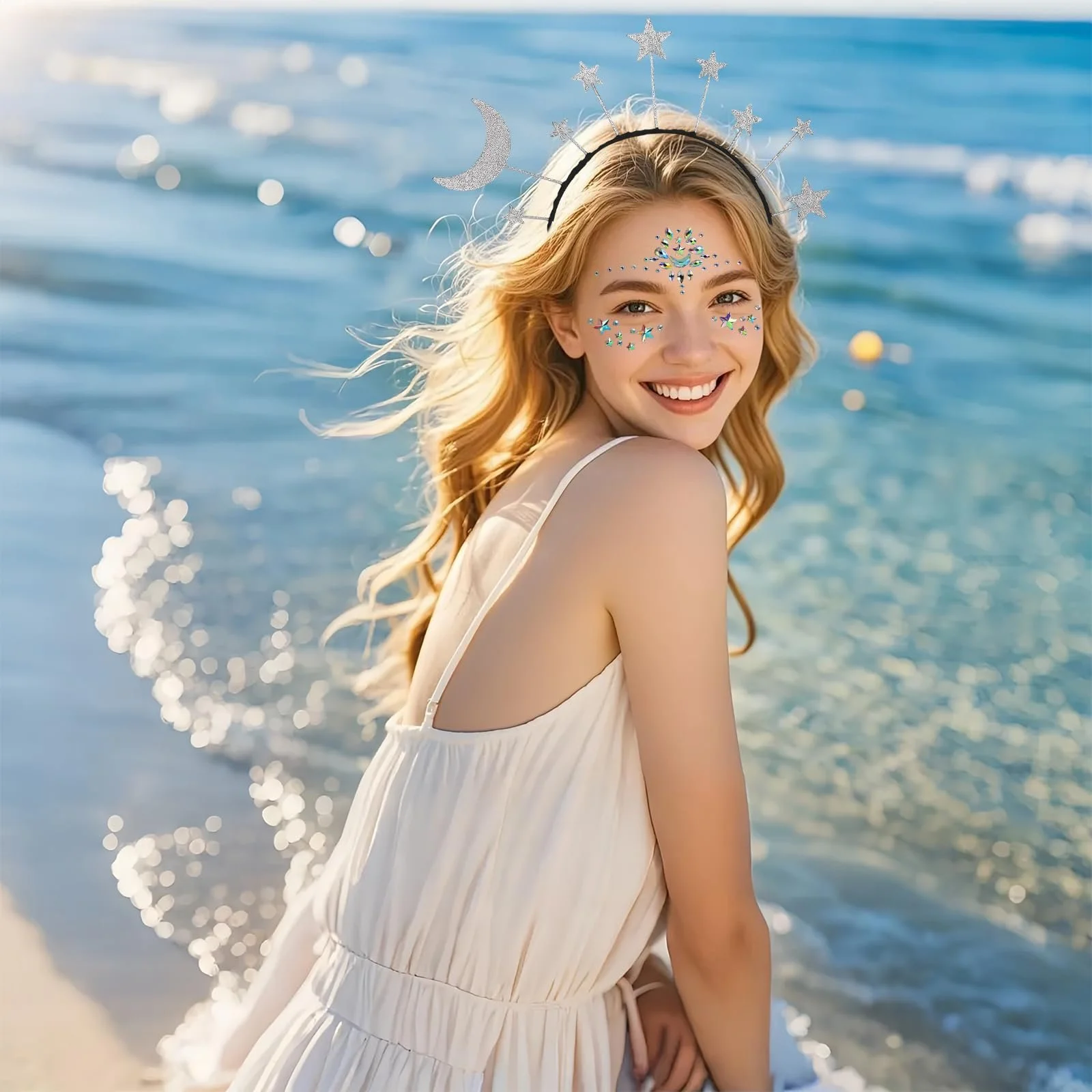 Обруч для волосся зі зірками та місяцем, сріблястий, фото №5