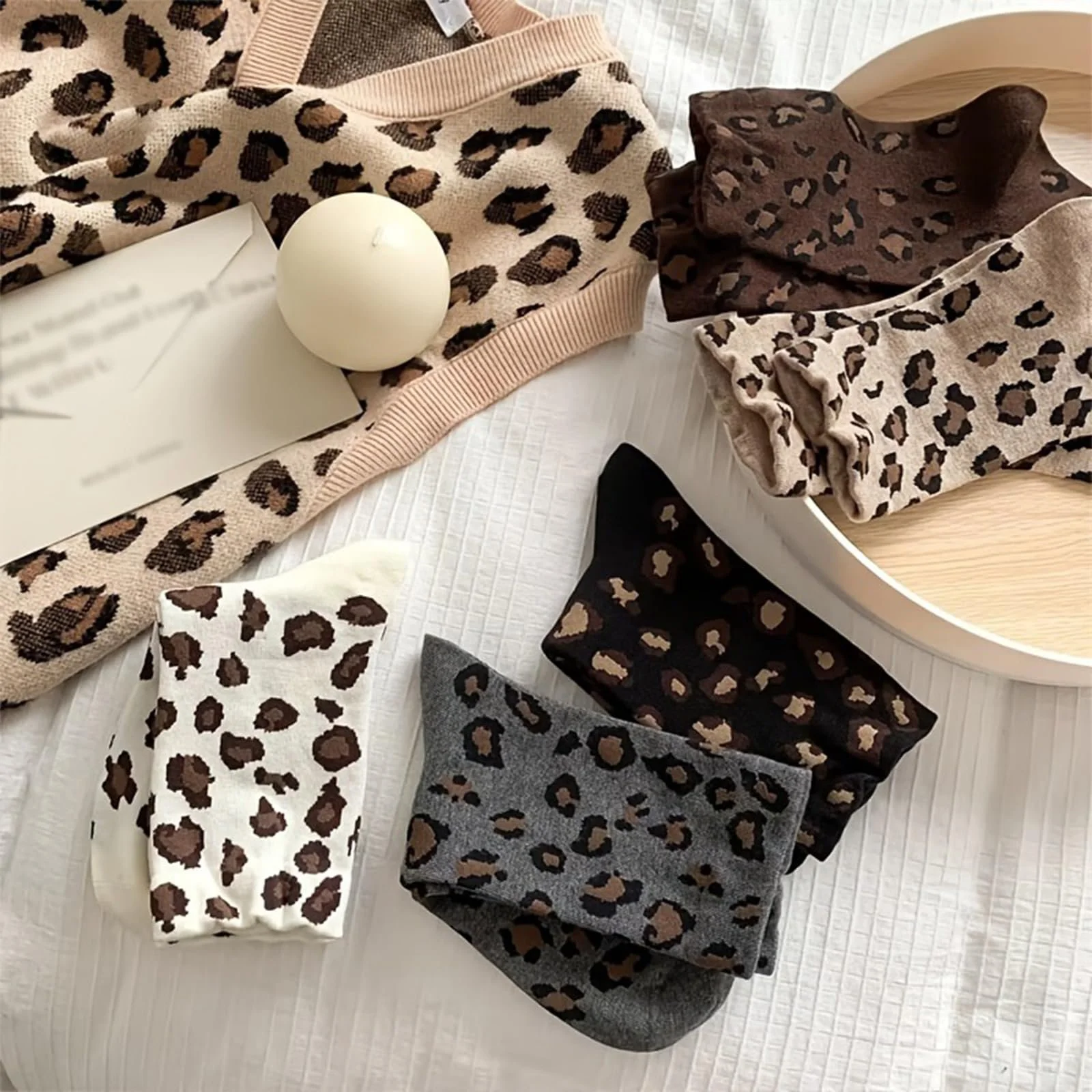 Носки Женские 39-42 Леопардовый принт Черный Серый Коричневый Красный Бежевый Белый, 5 пар, фото №5