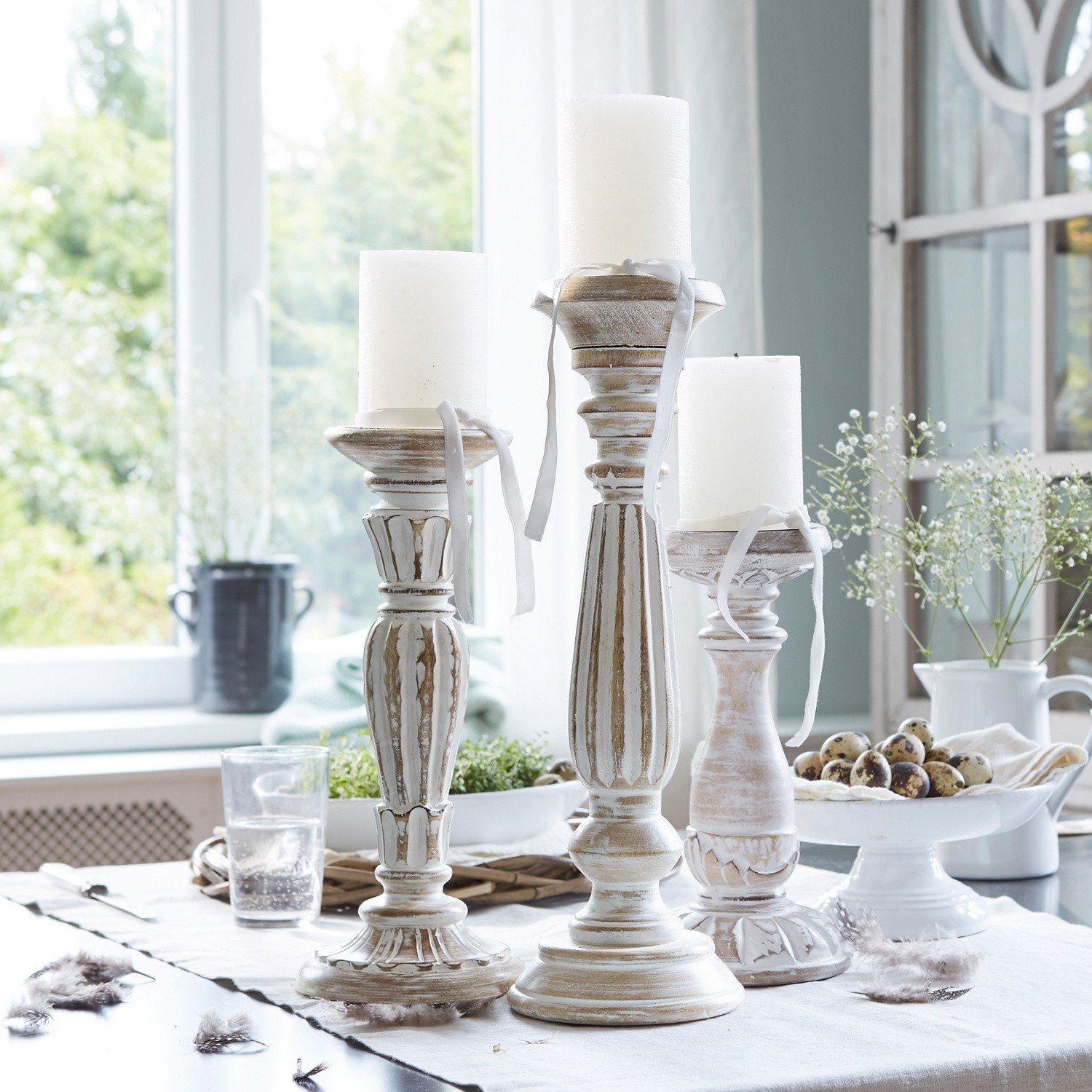 Набор Loberon Folligny подсвечников три размера и дизайна манговое дерево железо антикварный белый, фото №2