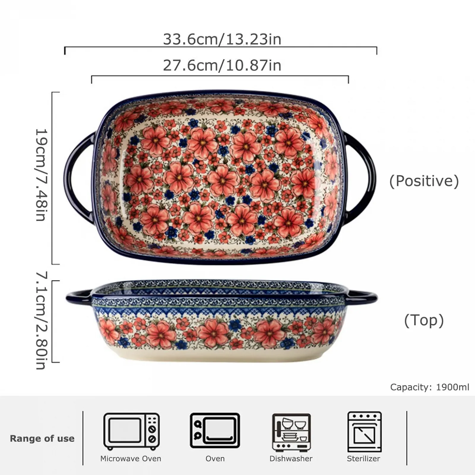 Форма для запікання Керамічна Прямокутна 13 x 7.5 дюймів Глибина 2.8 дюйма 2 л, фото №4