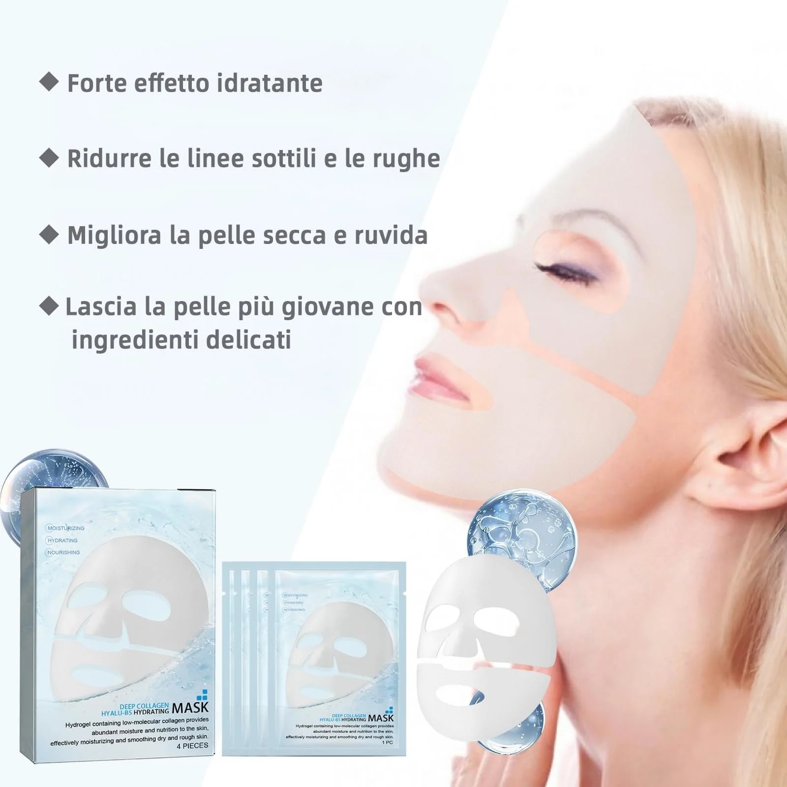 Маска Колагенова для Обличчя (4 шт.) Зволожуюча Нічна, Ефективна Антивікова Ліфтинг-Маска, фото №6