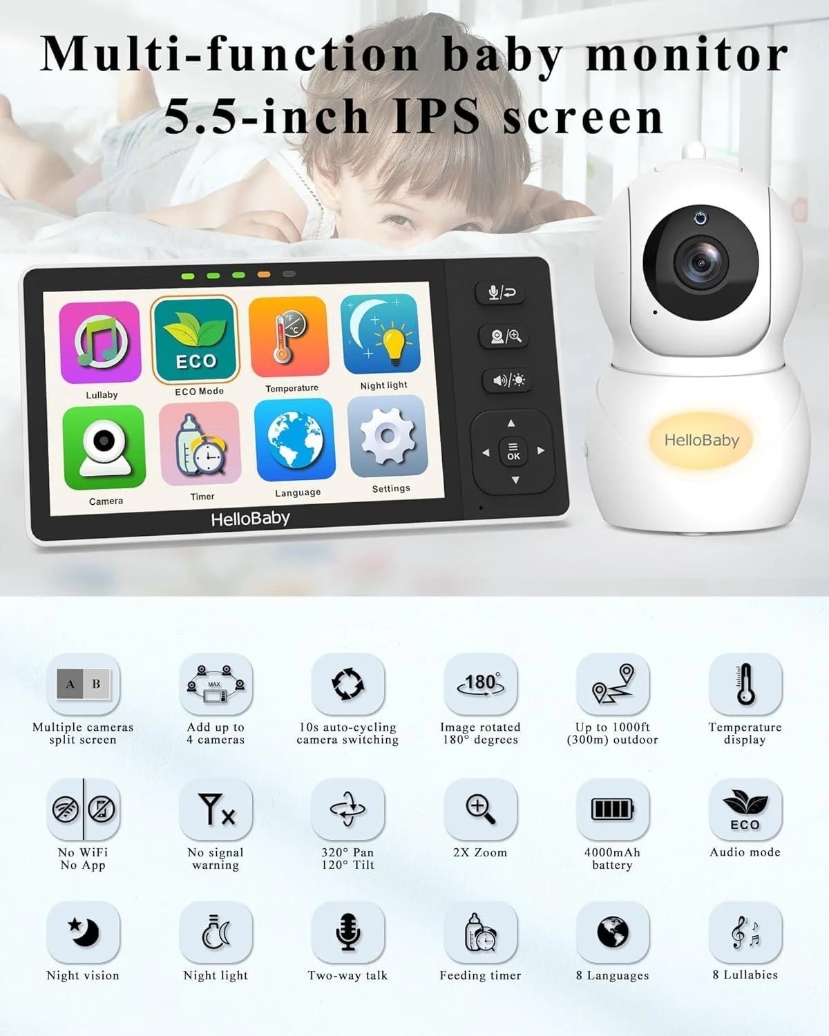 Відеоняня HelloBaby HB6081 5.5 дюймів 2 1080P камери Night Light, фото №7 Відеоняня HelloBaby HB6081 5.5 дюймів 2 1080P камери Night Light, фото №7