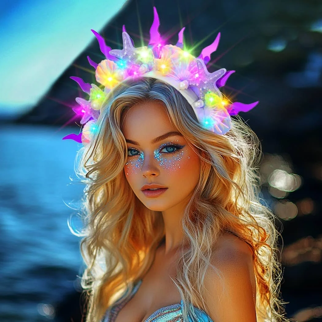 Обруч для волосся Морська зірка, фіолетовий, мушля, LED, фото №5