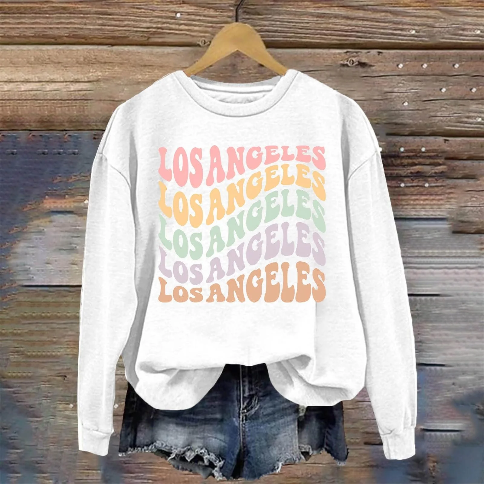 Свитшот Los Angeles Принт, женский, с буквами, графика колледжа, свободный крой, аккуратный круглый вырез горловины, одежда, повседневный, Калифорния, большого размера, худи для тренировок, винтажный, однотонный, фото №2