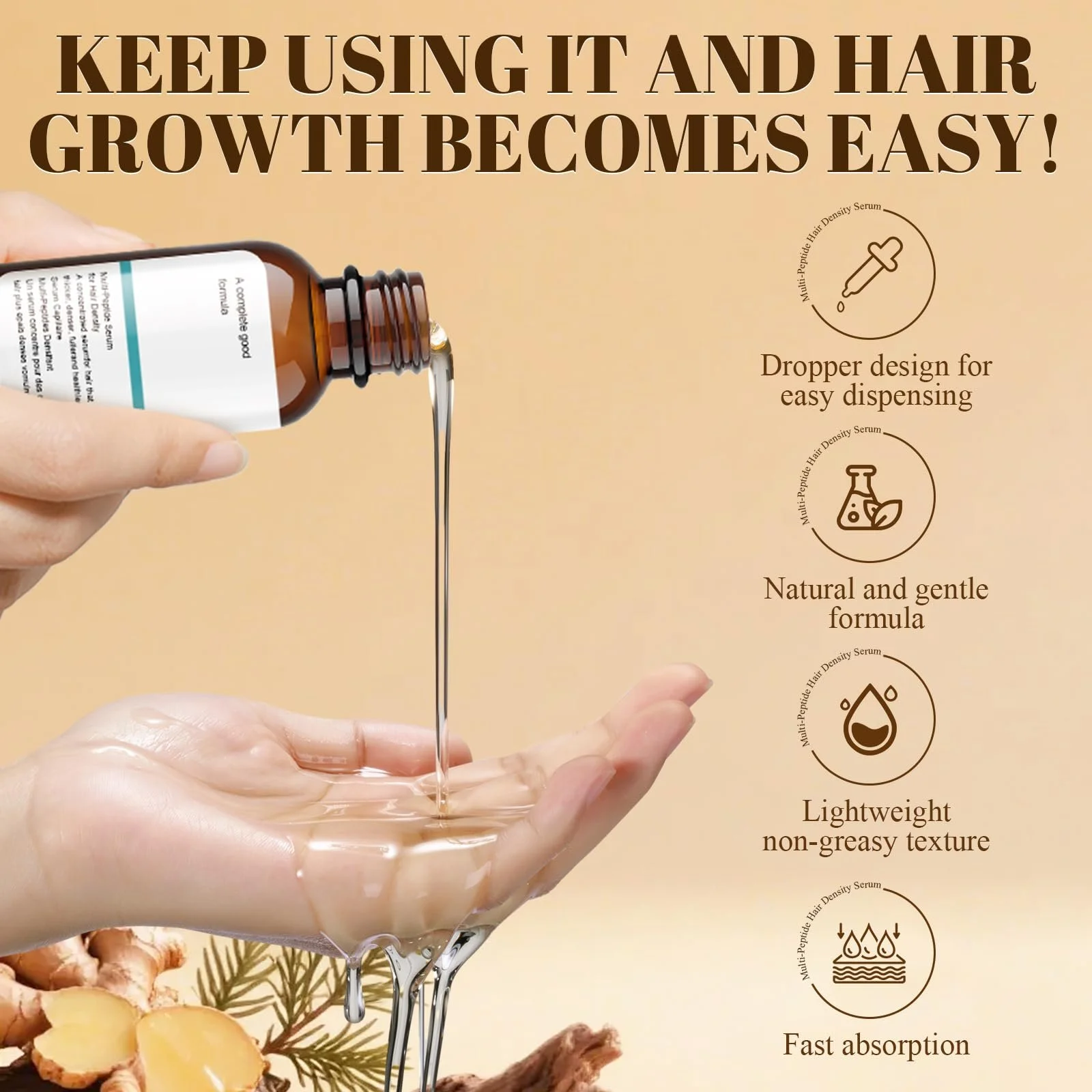 Сыворотка для густоты волос Мультипептидная, Сыворотка для роста волос, Сыворотка для волос для роста волос, Способствует густоте волос, Нежирная, Нелипкая, Против выпадения волос, Подходит для всех типов волос, 30 мл, фото №3
