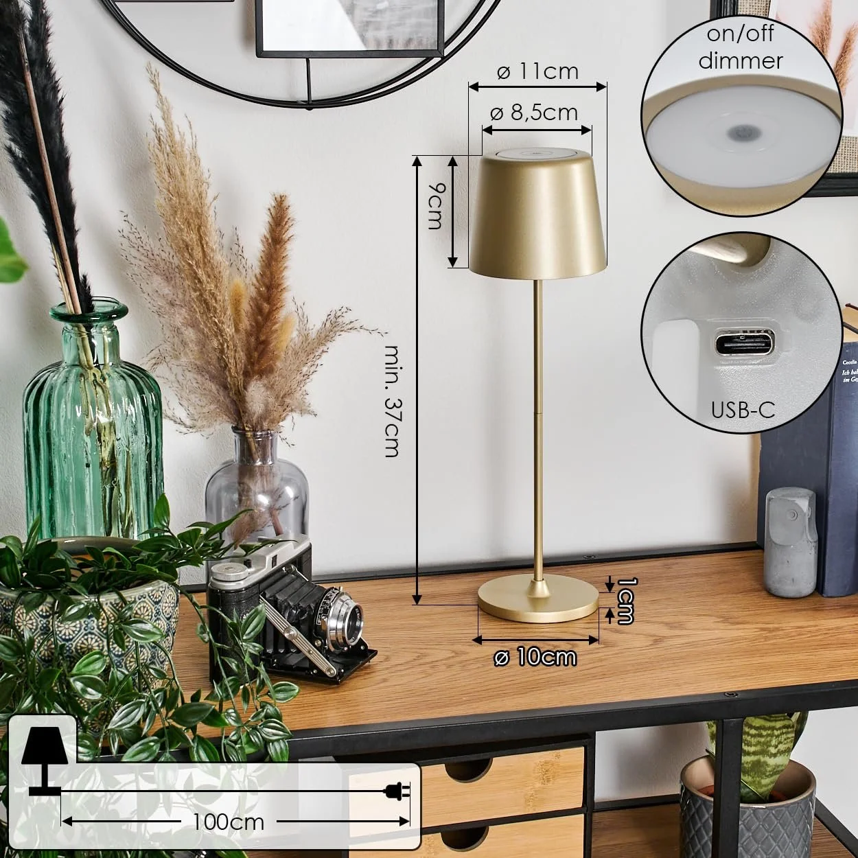 Настільна лампа HOFSTEIN Belece LED набір з 2 шт. 2 Вт 310 Люмен 3000 Кельвін акумуляторна золотисто-біла IP44, фото №5