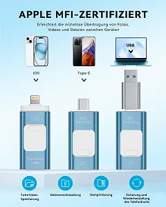 USB-накопичувач ROSPE 3-в-1 MFi Lightning 256ГБ USB 3.0 Попелясто-блакитний synthetic.ua - Фото 1
