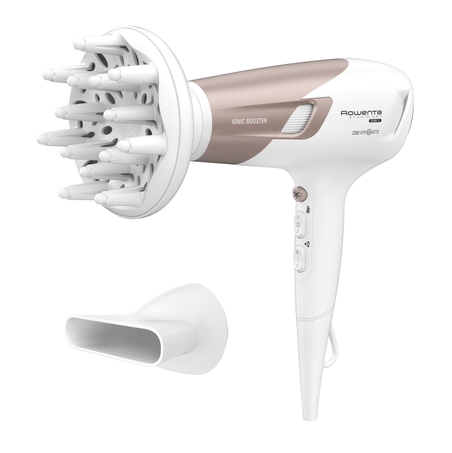 Фен Rowenta Studio Dry Glow CV5830, 2100 Вт, с диффузором для локонов, 3 температурных и 2 скоростных режима, функция ионизации, кнопка холодного воздуха, бело-розовое золото, фото №2