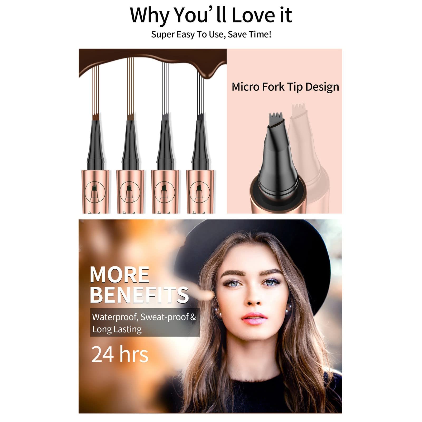 Пудра для бровей Водостойкая, устойчивая к поту и без слипания, Карандаш для диких бровей с четырьмя зубцами 0.4 мл Коричневый (розовое золото, один размер), фото №2