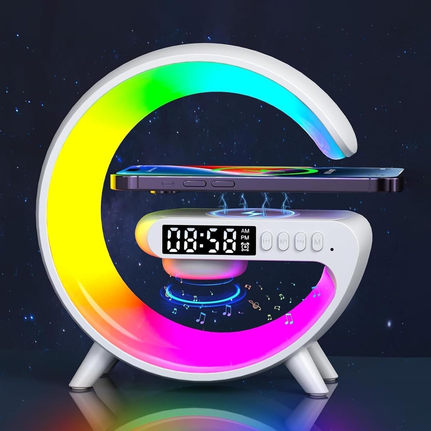 Настільна лампа HoldOneLight Бездротова зарядка Bluetooth-колонка Годинник Будильник 7 режимів Біла, фото №1
