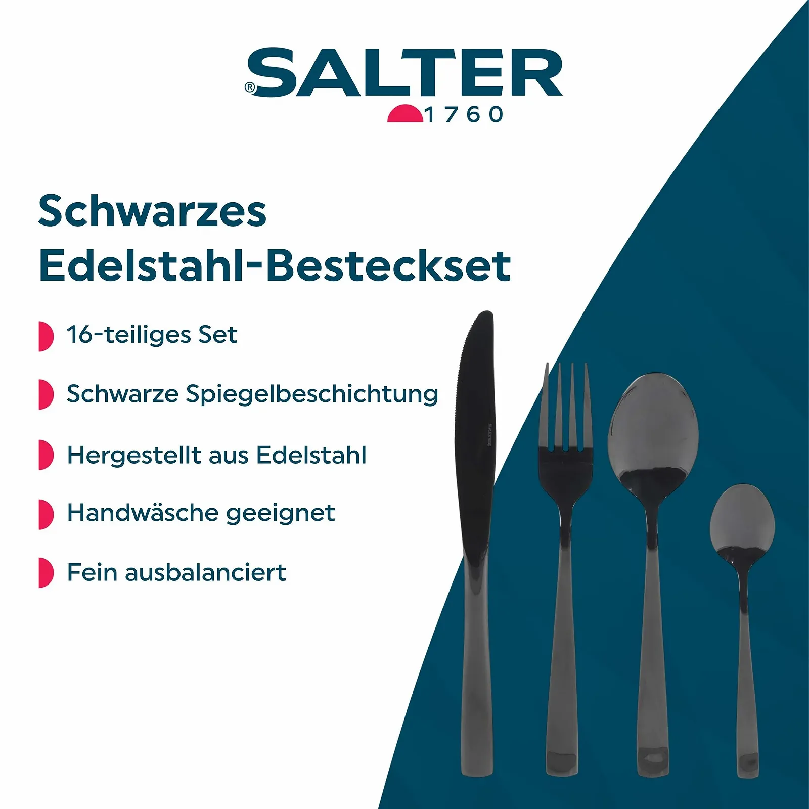 Набір столових приборів Salter Regal BW05463, 16 предметів, з чорним покриттям, з нержавіючої сталі, на 4 персони, фото №2 Набір столових приборів Salter Regal BW05463, 16 предметів, з чорним покриттям, з нержавіючої сталі, на 4 персони, фото №2