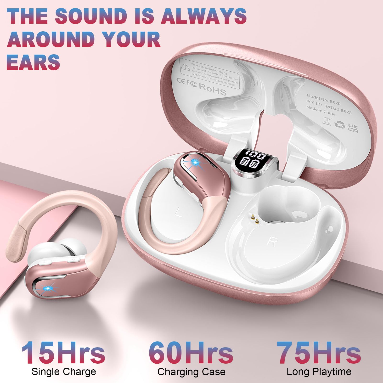 Навушники Ltinist Спорт 2024 Bluetooth 5.3 HiFi Стерео 75 годин Шумозаглушення LED-дисплей IP7 Водонепроникні USB-C Швидка зарядка, фото №3