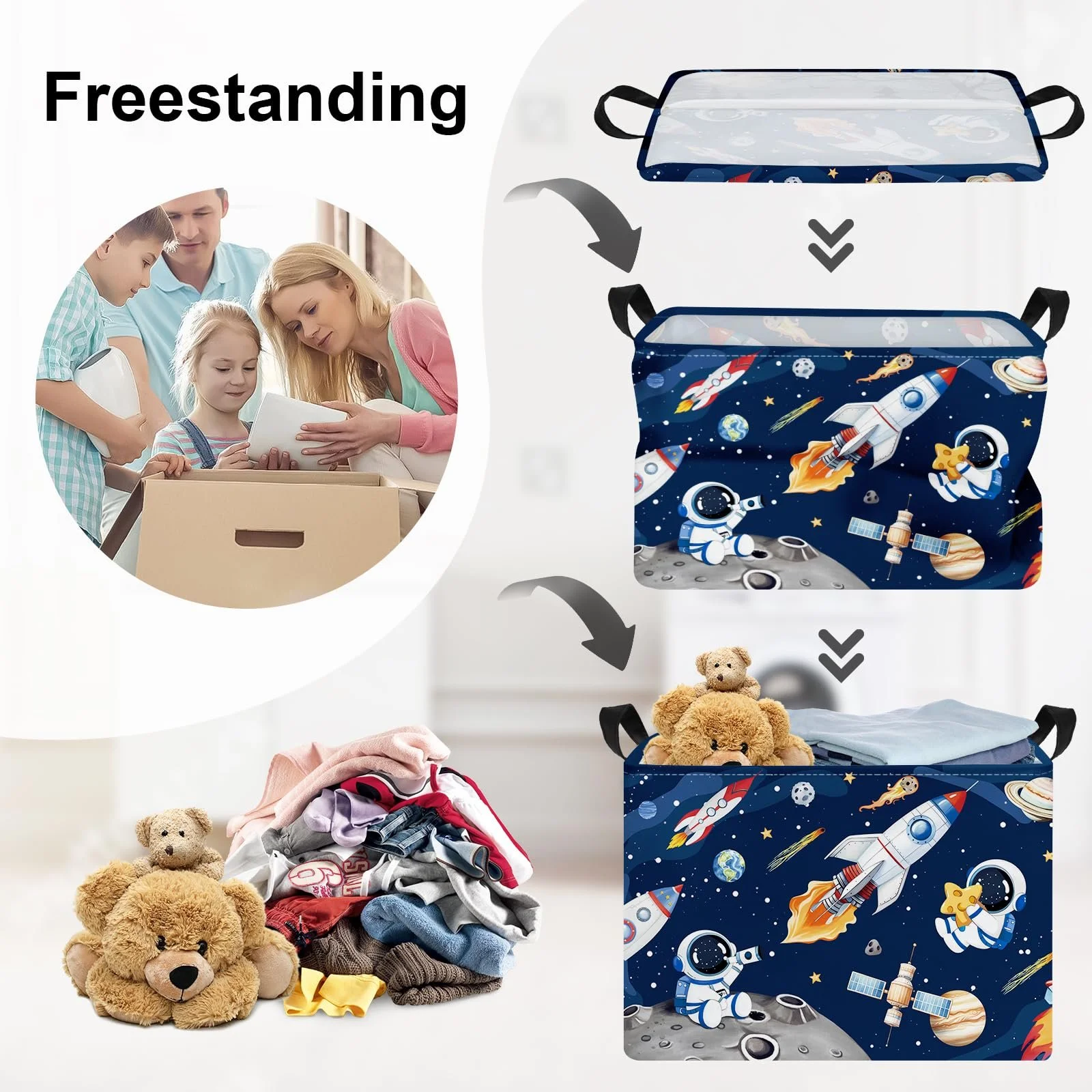 Корзина для игрушек HUUMONSS Космические ракеты Детская складная для мальчиков Большая, Синий, 36 л, фото №3 Корзина для игрушек HUUMONSS Космические ракеты Детская складная для мальчиков Большая, Синий, 36 л, фото №3