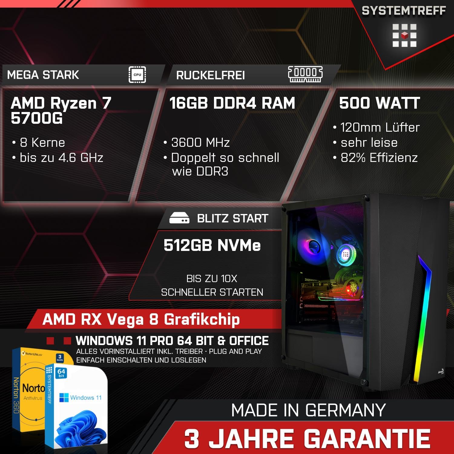 Комплект ПК SYSTEMTREFF Basic Gaming Ryzen 7 5700G Radeon RX Vega 8 4K HDMI DX12 512GB M.2 NVMe 16GB DDR4 RAM WLAN, фото №2