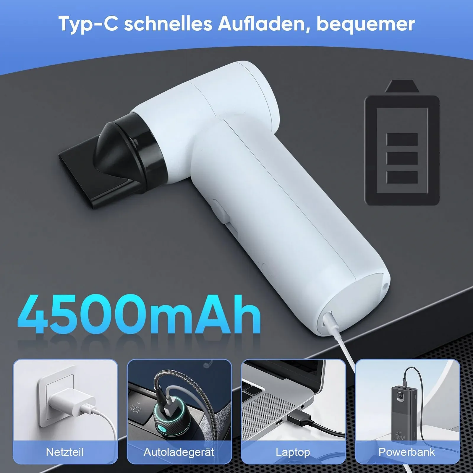 Електрична повітродувка 80,000 RPM Акумуляторна Type C 4500 mAh з 3 насадками, фото №7