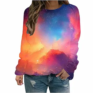 Лонгслив Komiseup Galaxy Женский Лонгслив Круглый вырез Толстовка без капюшона 3D Галактика Принт Пуловер Модный Звездное небо Лонгшерт Большие размеры Streetwear 21 - Фото 1