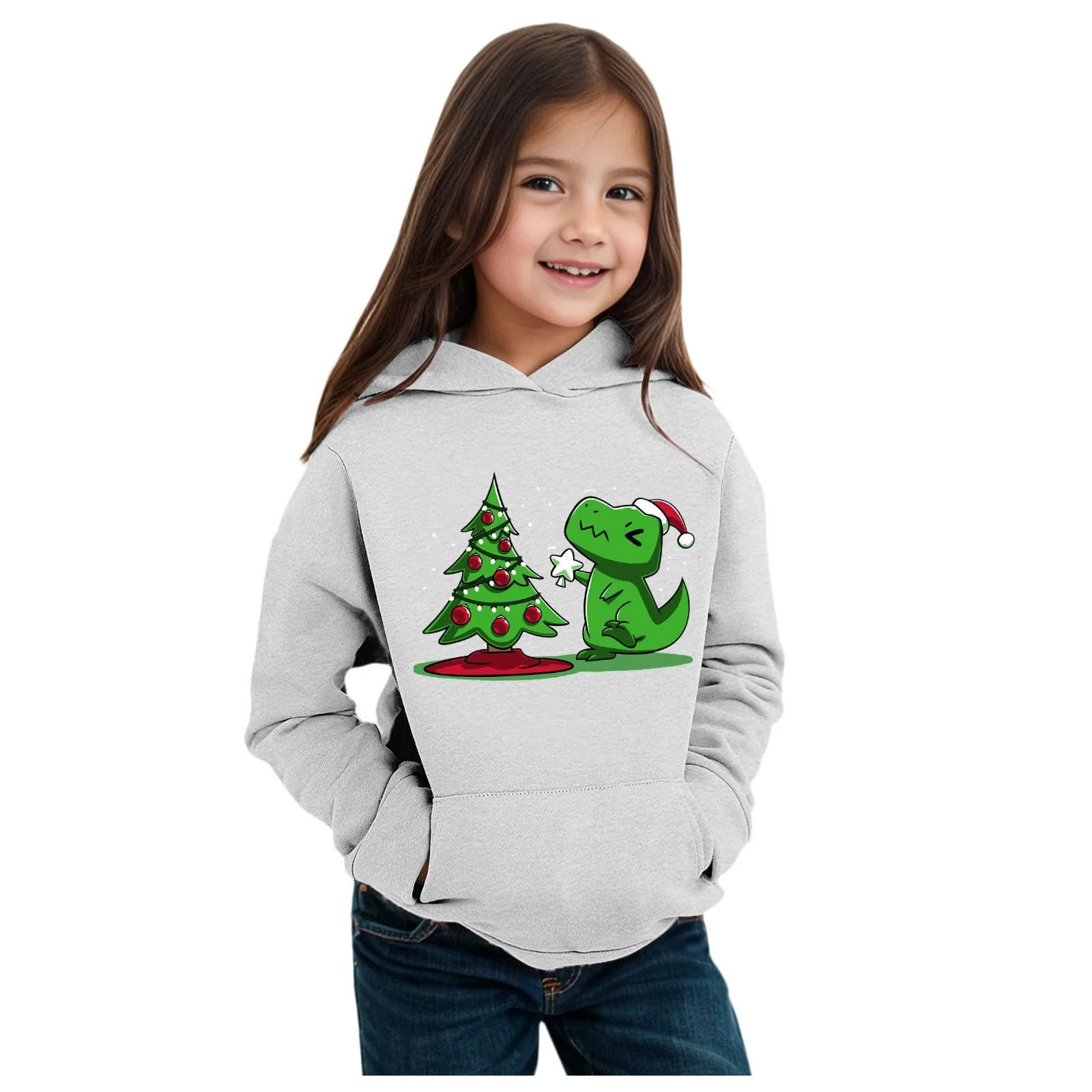 Худи Детский Для девочки - Детский Рождественский Мультяшный Динозавр Принты Длинный рукав Теплый Худи Пуловер Топы, фото №2